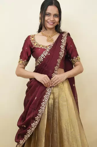 South Indian Style Half Saree With Beads & Hand Work Blouse & Dupatta for Women
