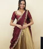 South Indian Style Half Saree With Beads & Hand Work Blouse & Dupatta for Women
