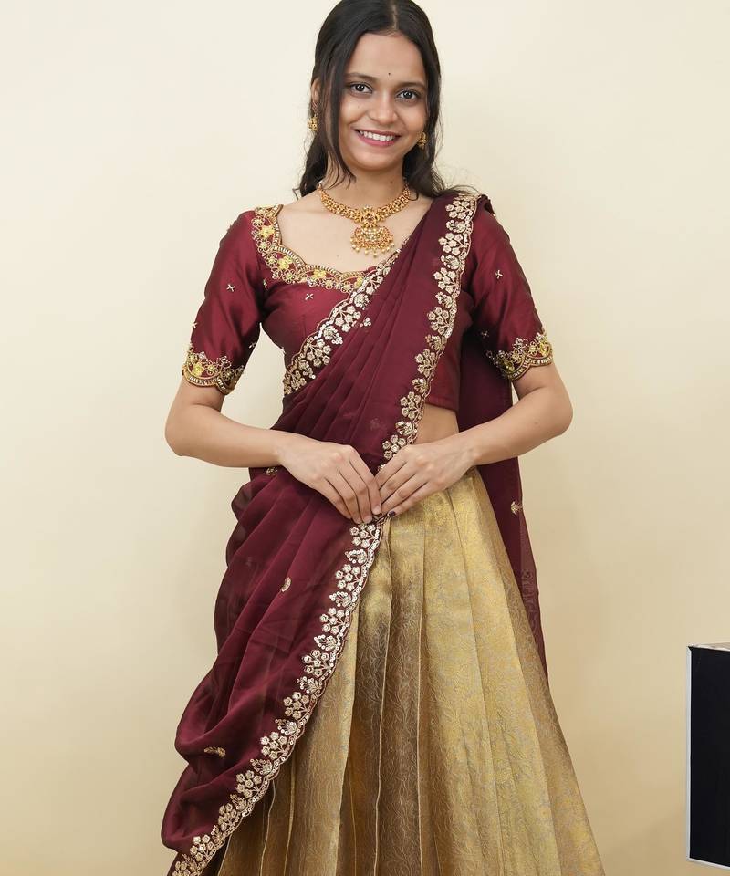 South Indian Style Half Saree With Beads & Hand Work Blouse & Dupatta for Women
