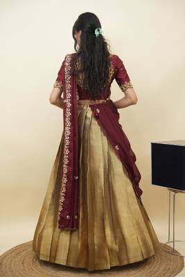 South Indian Style Half Saree With Beads & Hand Work Blouse & Dupatta for Women 2