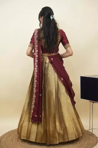 South Indian Style Half Saree With Beads & Hand Work Blouse & Dupatta for Women