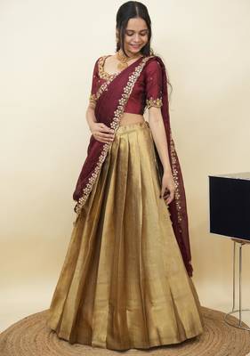 South Indian Style Half Saree With Beads & Hand Work Blouse & Dupatta for Women 3