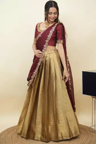 South Indian Style Half Saree With Beads & Hand Work Blouse & Dupatta for Women