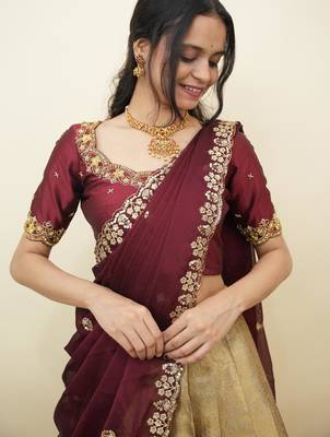 South Indian Style Half Saree With Beads & Hand Work Blouse & Dupatta for Women 4