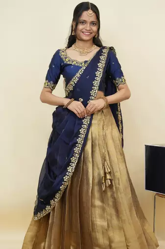 South Indian Style Half Saree With Beads & Hand Work Blouse & Dupatta for Women