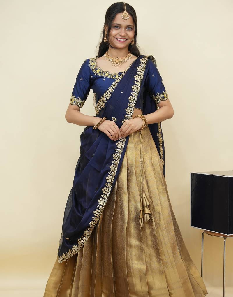 South Indian Style Half Saree With Beads & Hand Work Blouse & Dupatta for Women