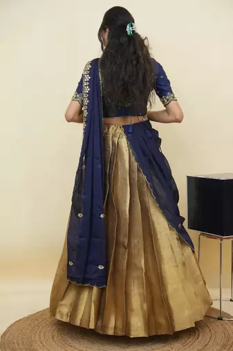 South Indian Style Half Saree With Beads & Hand Work Blouse & Dupatta for Women