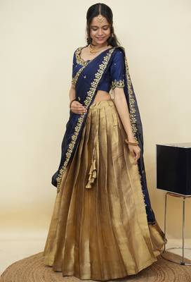 South Indian Style Half Saree With Beads & Hand Work Blouse & Dupatta for Women 3