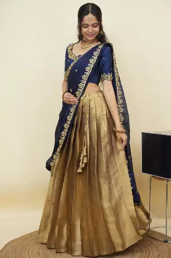 South Indian Style Half Saree With Beads & Hand Work Blouse & Dupatta for Women