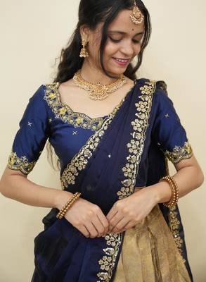 South Indian Style Half Saree With Beads & Hand Work Blouse & Dupatta for Women 4