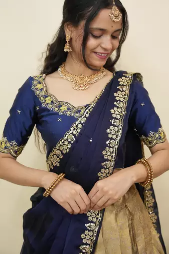 South Indian Style Half Saree With Beads & Hand Work Blouse & Dupatta for Women