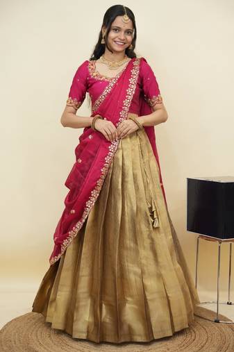 South Indian Style Half Saree With Beads & Hand Work Blouse & Dupatta for Women