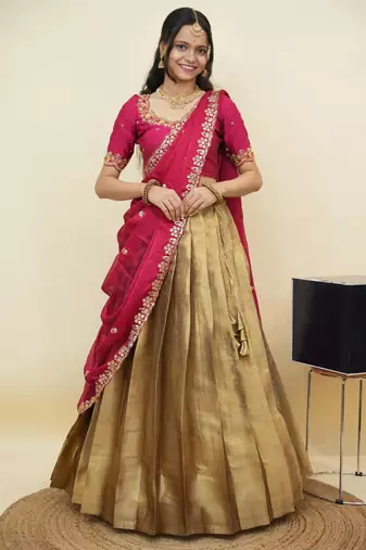 South Indian Style Half Saree With Beads & Hand Work Blouse & Dupatta for Women