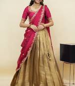 South Indian Style Half Saree With Beads & Hand Work Blouse & Dupatta for Women