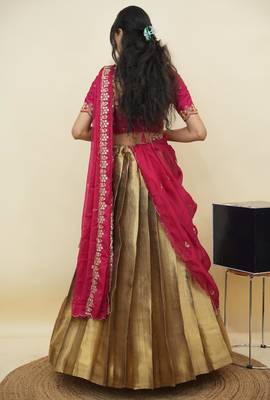 South Indian Style Half Saree With Beads & Hand Work Blouse & Dupatta for Women 2