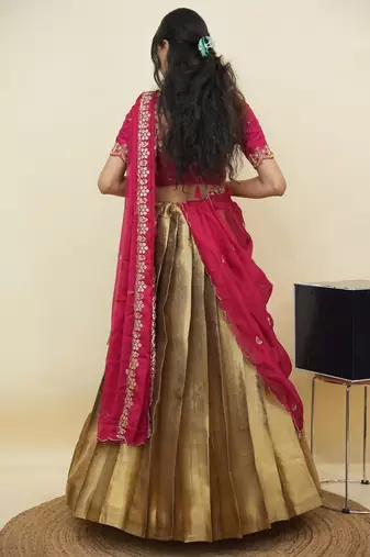 South Indian Style Half Saree With Beads & Hand Work Blouse & Dupatta for Women