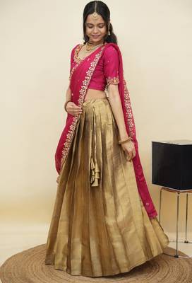 South Indian Style Half Saree With Beads & Hand Work Blouse & Dupatta for Women 3
