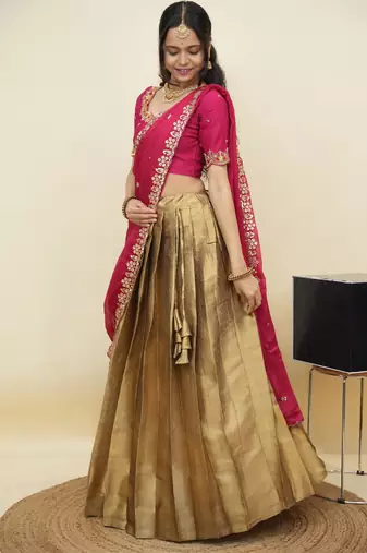 South Indian Style Half Saree With Beads & Hand Work Blouse & Dupatta for Women