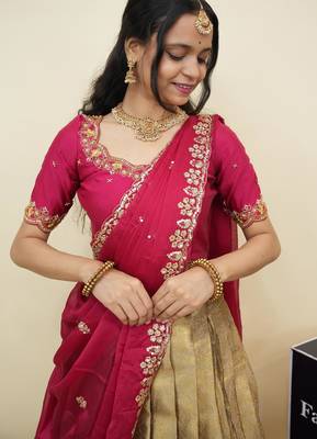 South Indian Style Half Saree With Beads & Hand Work Blouse & Dupatta for Women 4