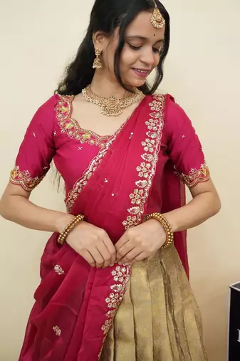 South Indian Style Half Saree With Beads & Hand Work Blouse & Dupatta for Women