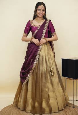 South Indian Style Half Saree With Beads & Hand Work Blouse & Dupatta for Women 1