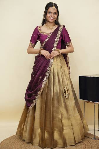 South Indian Style Half Saree With Beads & Hand Work Blouse & Dupatta for Women