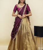 South Indian Style Half Saree With Beads & Hand Work Blouse & Dupatta for Women