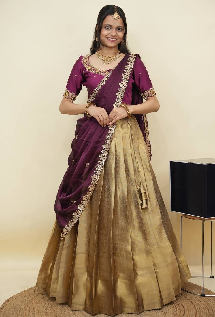 South Indian Style Half Saree With Beads & Hand Work Blouse & Dupatta for Women