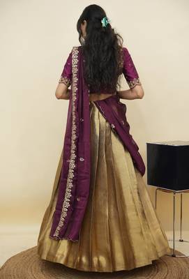 South Indian Style Half Saree With Beads & Hand Work Blouse & Dupatta for Women 2