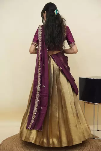 South Indian Style Half Saree With Beads & Hand Work Blouse & Dupatta for Women