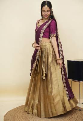 South Indian Style Half Saree With Beads & Hand Work Blouse & Dupatta for Women 3
