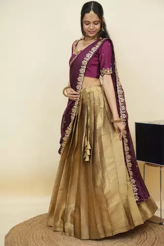 South Indian Style Half Saree With Beads & Hand Work Blouse & Dupatta for Women