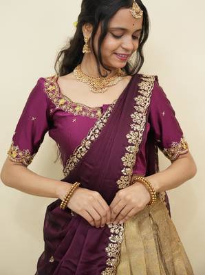 South Indian Style Half Saree With Beads & Hand Work Blouse & Dupatta for Women 4