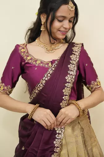 South Indian Style Half Saree With Beads & Hand Work Blouse & Dupatta for Women