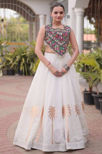 White Roman Fabric Kutchi Gamthi Embroidered Chaniya choli for navratri