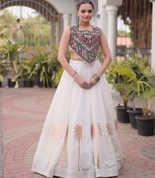 White Roman Fabric Kutchi Gamthi Embroidered Chaniya choli for navratri
