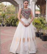 White Roman Fabric Kutchi Gamthi Embroidered Chaniya choli for navratri