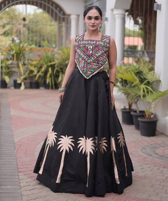 Black Roman Fabric Kutchi Gamthi Embroidered Chaniya choli for navratri 1