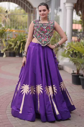 Purple Roman Fabric Kutchi Gamthi Embroidered Chaniya choli for navratri
