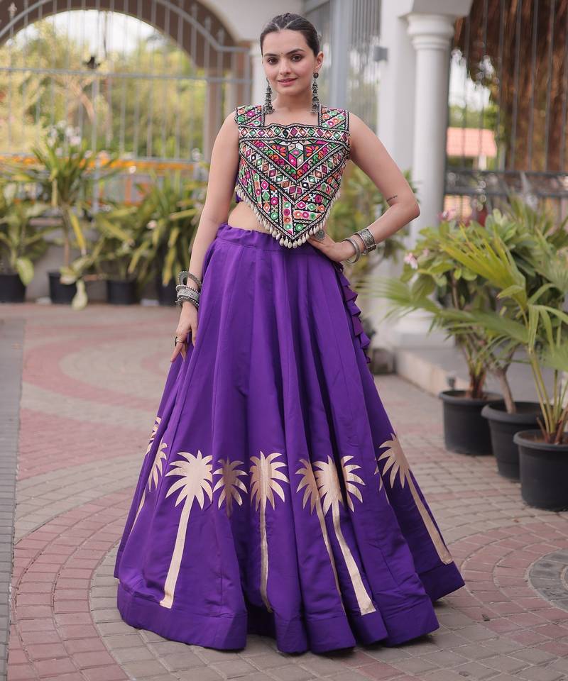 Purple Roman Fabric Kutchi Gamthi Embroidered Chaniya choli for navratri