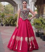 Pink Roman Fabric Kutchi Gamthi Embroidered Chaniya choli for navratri