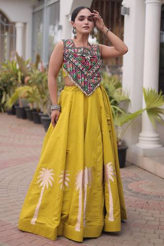 Chartreuse Green Roman Fabric Kutchi Gamthi Embroidered Chaniya choli for navratri