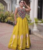 Chartreuse Green Roman Fabric Kutchi Gamthi Embroidered Chaniya choli for navratri