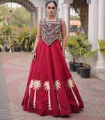 Maroon Roman Fabric Kutchi Gamthi Embroidered Chaniya choli for navratri