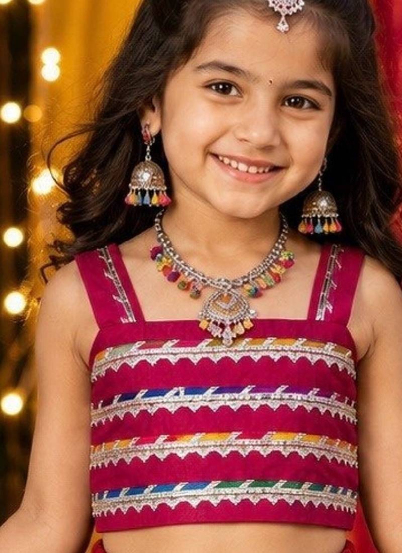 Pink premium roman silk navratri lehenga choli set for girls | fully flared festive wear