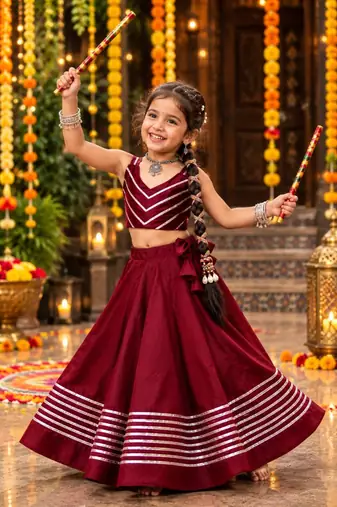 Maroon roman silk girls navratri lehenga choli set with fancy lace gota border sleeveless garba outfit