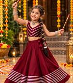Maroon roman silk girls navratri lehenga choli set with fancy lace gota border sleeveless garba outfit
