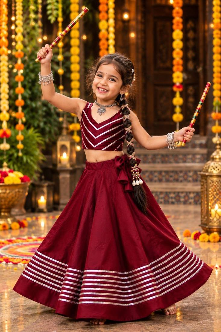 Maroon roman silk girls navratri lehenga choli set with fancy lace gota border sleeveless garba outfit