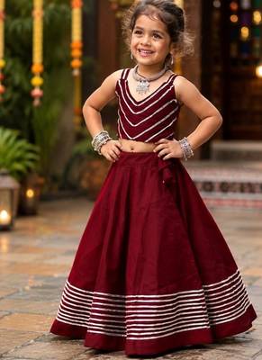 Maroon roman silk girls navratri lehenga choli set with fancy lace gota border sleeveless garba outfit 3