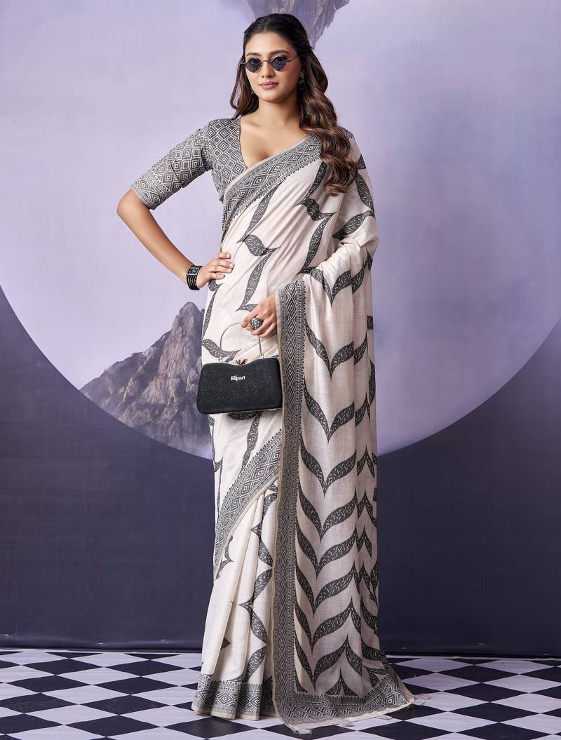 off white premium fancy cotton blend partywear saree